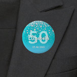 50th birthday diamonds glitter teal blue green button<br><div class="desc">An elegant, glamorous and girly 50th birthday party button. Teal, blue green colored faux glitter with faux diamond sprinkle and a golden frame. Templates for a name, age 50 and a date. Date of birth or the date of the party/anniversary. White and teal colored letters. The name is written with...</div>