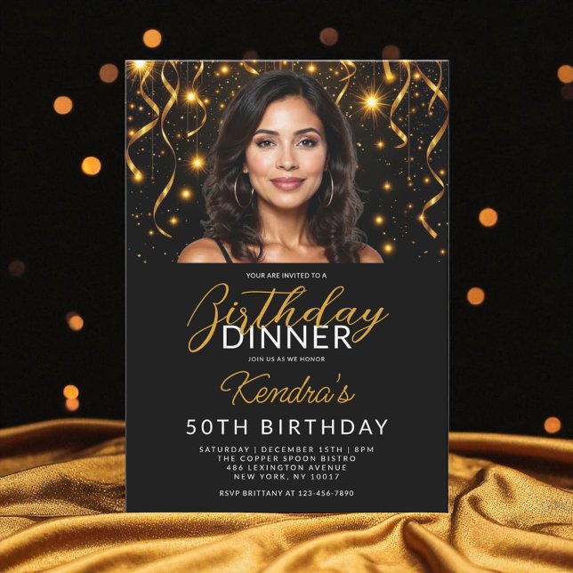 50th Birthday Dinner Gold and Black Photo Invitation (Creator Uploaded)