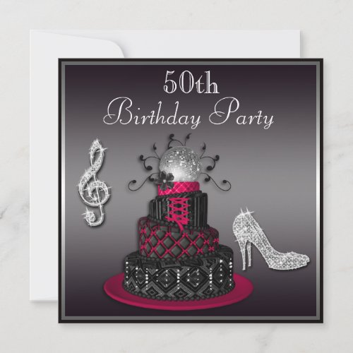 50th Birthday Disco Diva Cake and Heels Hot Pink Invitation