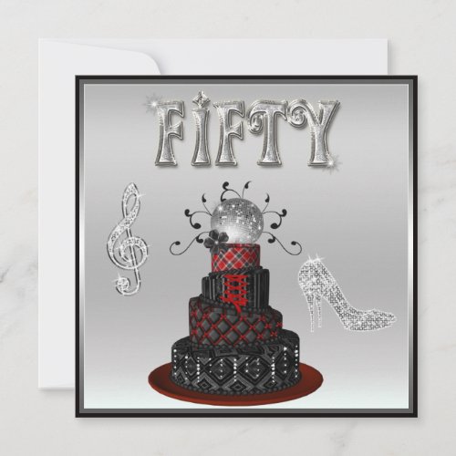 50th Birthday Disco Diva Cake Silver Sparkle Heels Invitation