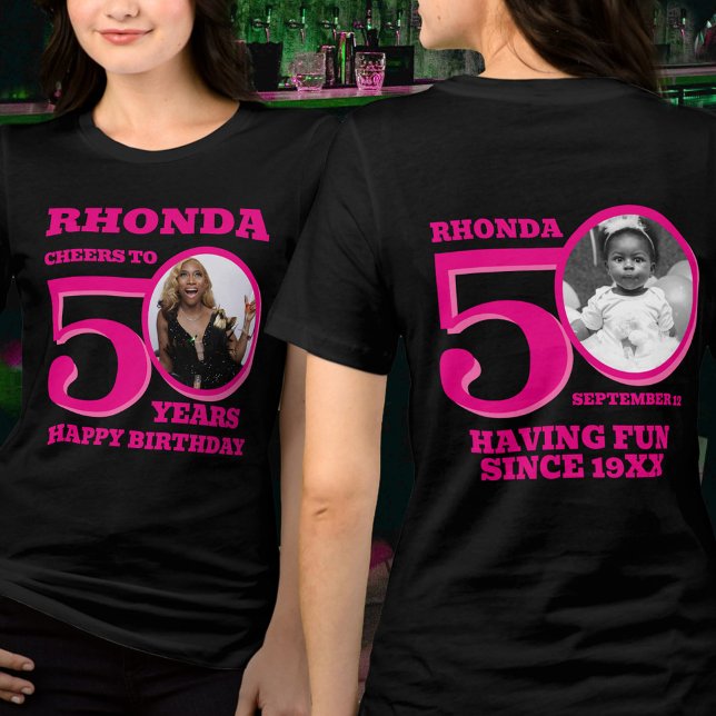 50th Birthday doubled sided photo name pink text Tri-Blend Shirt (Creator Uploaded)