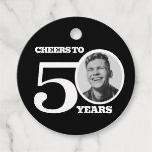 50th Birthday doubled sided photo name white text Favor Tags