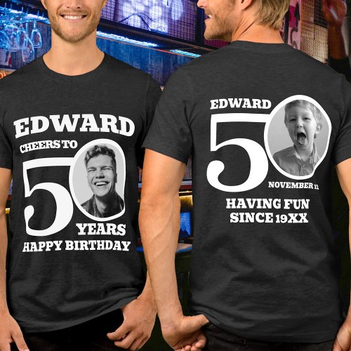 50th Birthday doubled sided photo name white text Tri_Blend Shirt