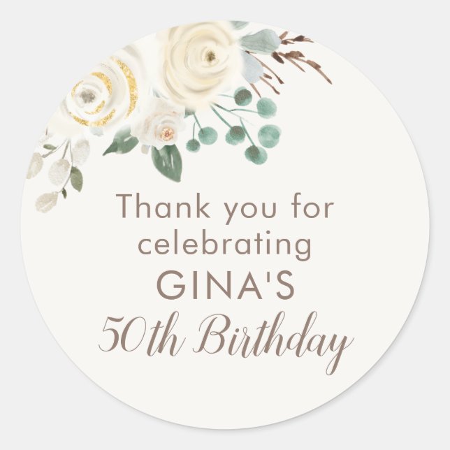 50th Birthday Dreamy White Floral Favor Stickers (Front)