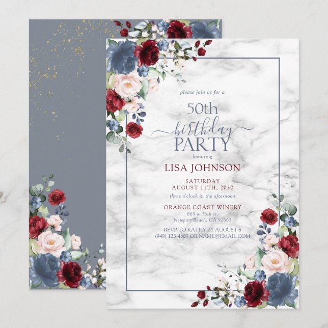50th Birthday Dusty Blue Burgundy Blush Gold Invitation (Front/Back)