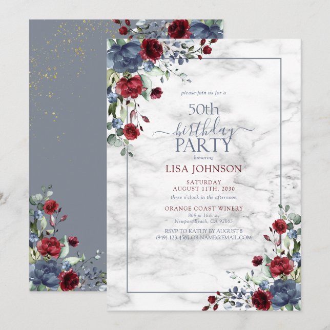 50th Birthday Dusty Blue Burgundy Gold Floral Invitation (Front/Back)