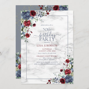 50th Birthday Dusty Blue Burgundy Gold Floral Invitation