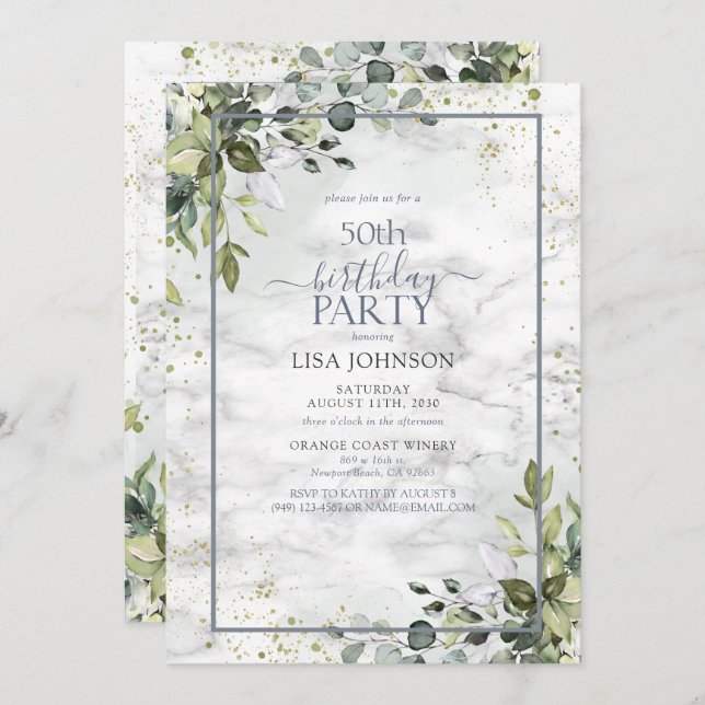 50th Birthday Dusty Blue Eucalyptus Greenery Invitation (Front/Back)