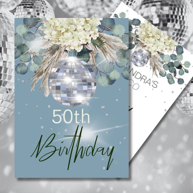 50th Birthday Dusty Blue Floral Disco Ball  Invitation (Creator Uploaded)