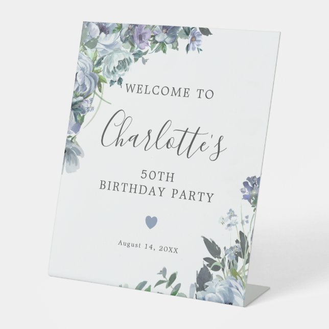 50th Birthday Dusty Blue Floral Welcome Pedestal Sign (Front)