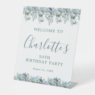 50th Birthday Dusty Blue Floral Welcome Pedestal Sign
