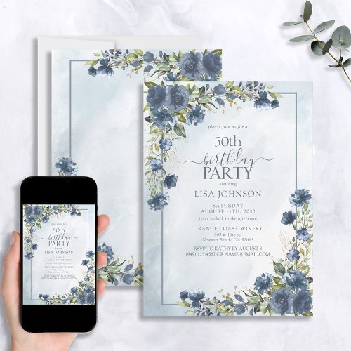 50th Birthday Dusty Blue Watercolor Floral Invitation