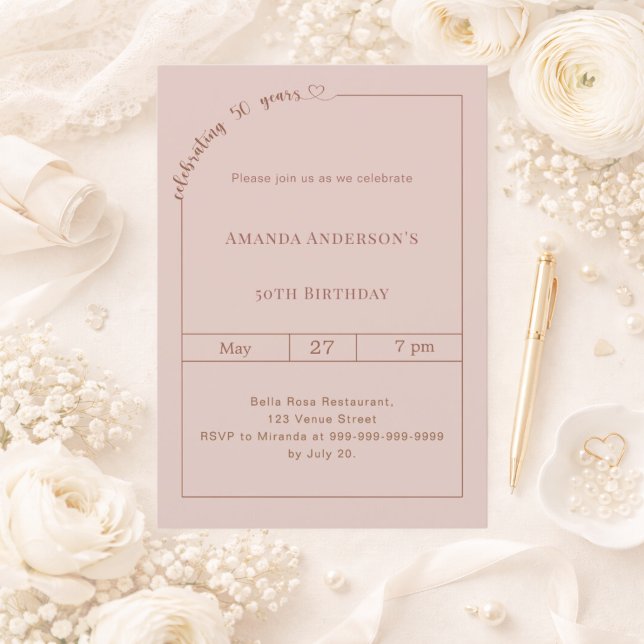 50th birthday dusty blush pink simple modern invitation (Creator Uploaded)