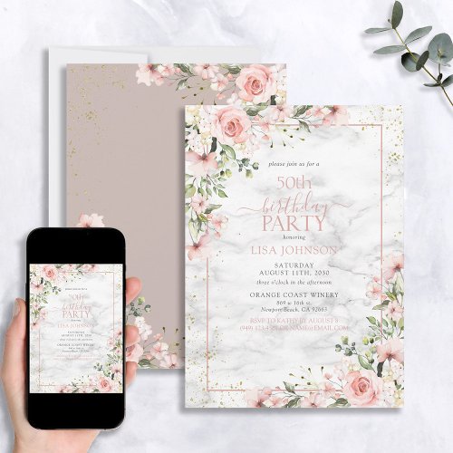 50th Birthday Dusty Pink Gold Watercolor Marble Invitation