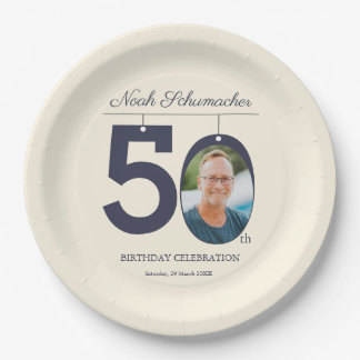 50th Birthday Elegant Beige Vintage Custom Photo Paper Plates