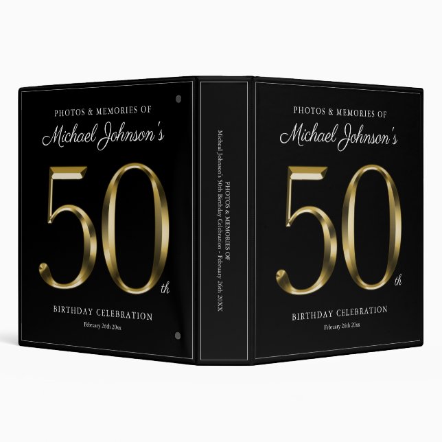 50th Birthday Elegant Black and Gold Text Custom 3 Ring Binder (Background)