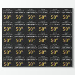 [ Thumbnail: 50th Birthday: Elegant, Black, Faux Gold Look Wrapping Paper ]