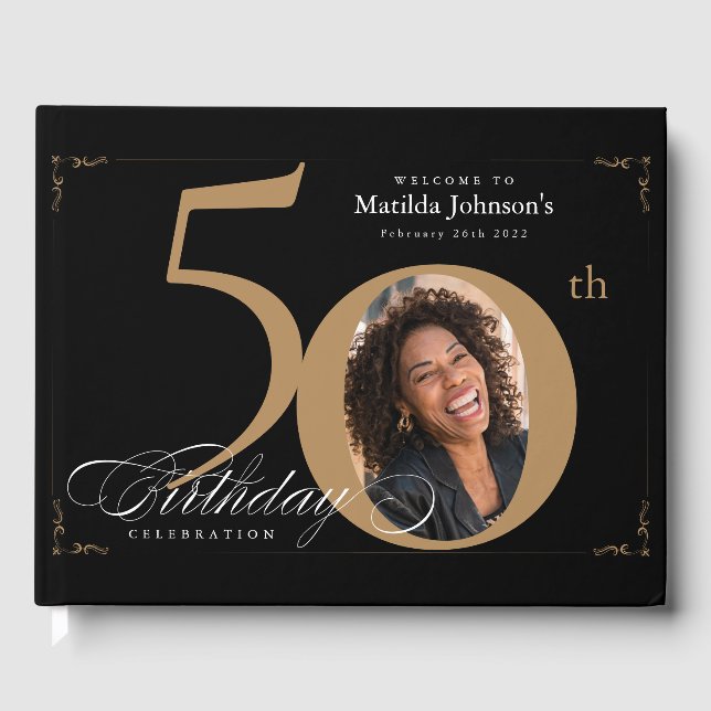 50th Birthday Elegant Black Gold Calligraphy Photo Guest Book (Front)