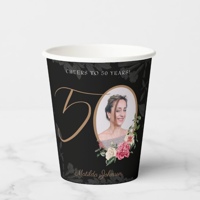 50th Birthday Elegant Black Gold Custom Photo Paper Cups (Front)