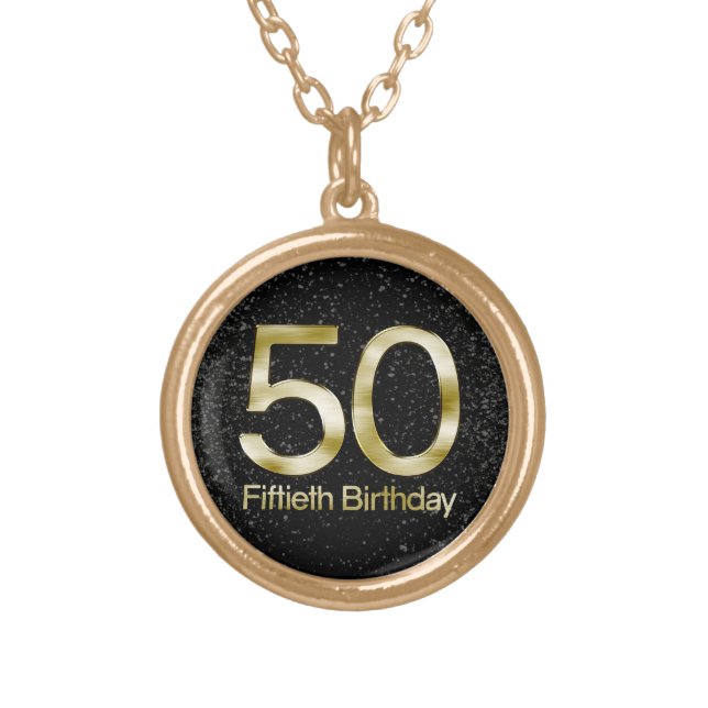 50th Birthday, Elegant Black Gold Glam Gold Plated Necklace (Front)