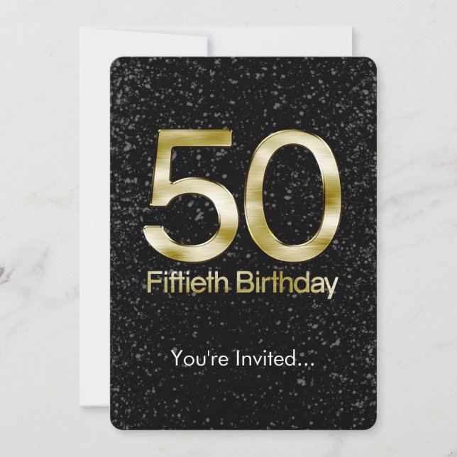 50th Birthday, Elegant Black Gold Glam Invitation (Front)