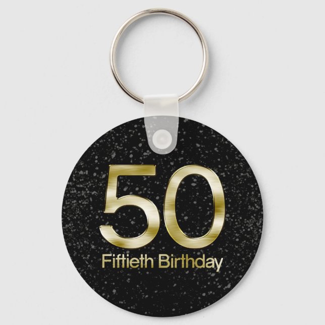 50th Birthday, Elegant Black Gold Glam Keychain (Front)