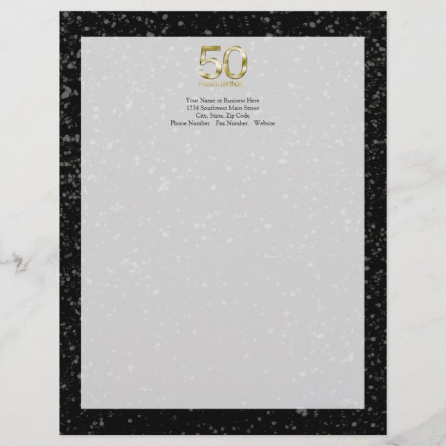 50th Birthday, Elegant Black Gold Glam Letterhead (Front)
