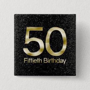 50th Birthday, Elegant Black Gold Glam Pinback Button