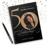 50th Birthday Elegant Black Gold Script Guestbook Notebook at Zazzle