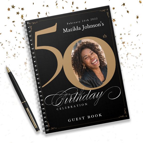 50th Birthday Elegant Black Gold Script Guestbook Notebook