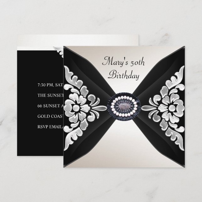 50th Birthday Elegant Black White Jewel 2 Invitation (Front/Back)