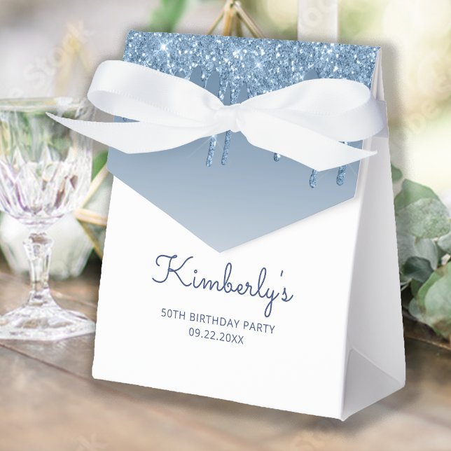 50th Birthday Elegant Blue Glitter Drip Script Favor Boxes (Creator Uploaded)