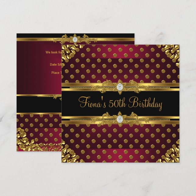 50th Birthday Elegant Burgundy Gold Spot Black Invitation (Front/Back)