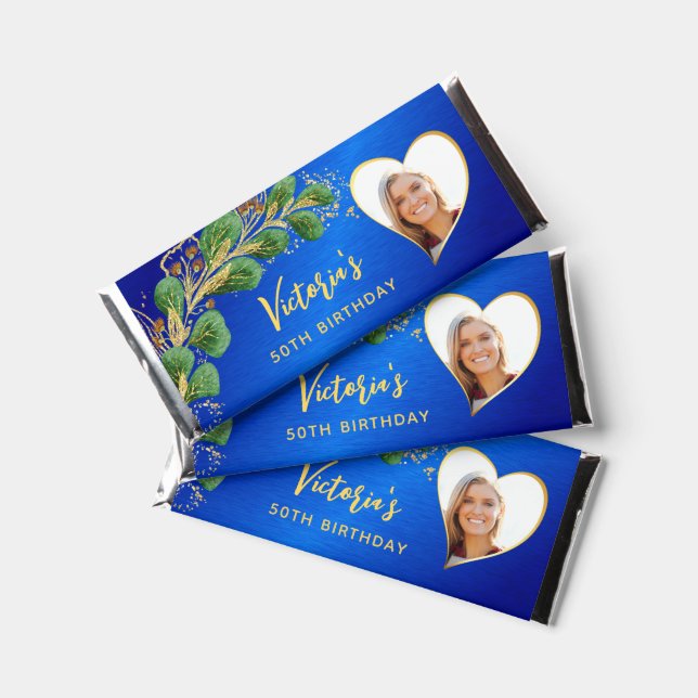 50th Birthday Elegant Floral Blue and Gold Custom Hershey Bar Favors (Front)