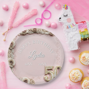 50th Birthday Elegant Floral Papercut Style Paper Plates