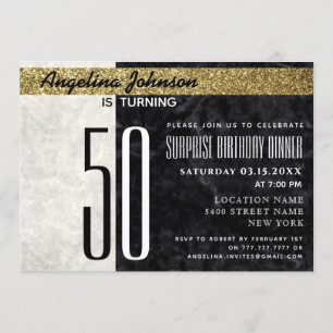50th Birthday Elegant Gold Black and White Marble Invitation