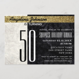 50th Birthday Elegant Gold Black and White Marble Invitation