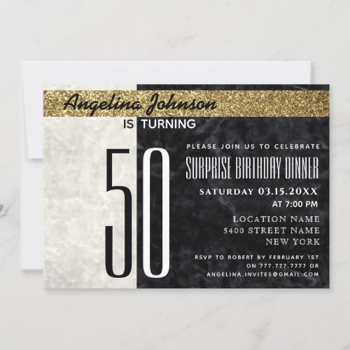 50th Birthday Elegant Gold Black and White Marble Invitation