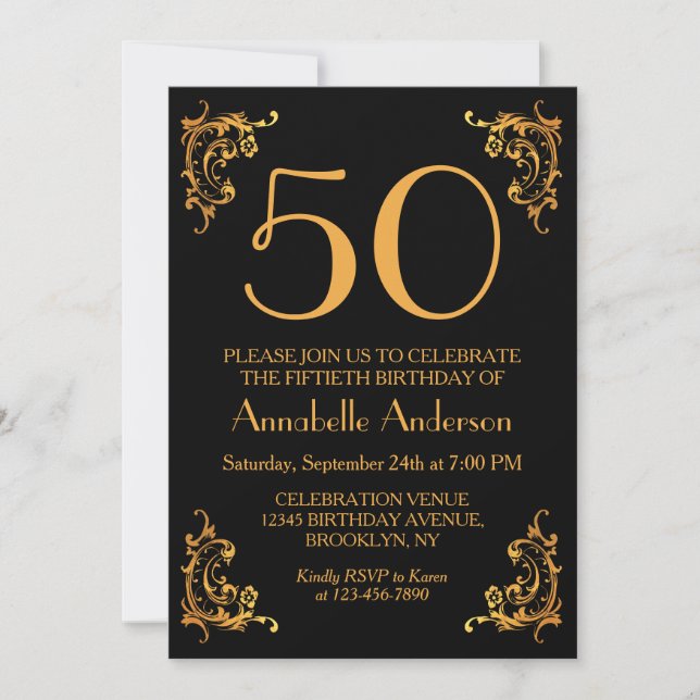 50th Birthday Elegant Gold Black Vintage Retro Invitation (Front)
