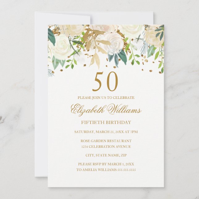 50th Birthday Elegant Gold Floral Invitation (Front)
