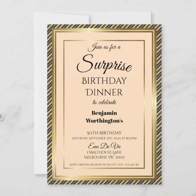 50th Birthday Elegant Gold Frame Surprise Dinner Invitation (Front)