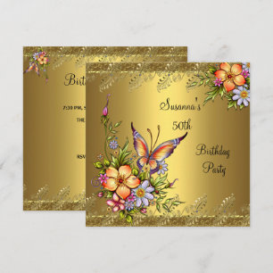 50th Birthday Elegant Gold Pink Yellow Flowers Invitation