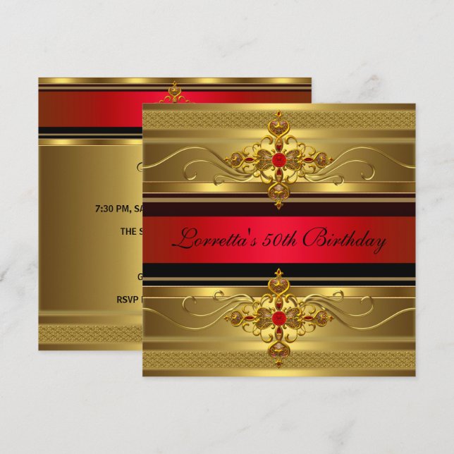 50th Birthday Elegant Gold Red Diamond Jewel Invitation (Front/Back)