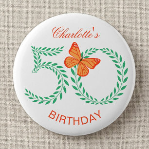 50th Birthday Elegant Greenery Botanical Butterfly Button