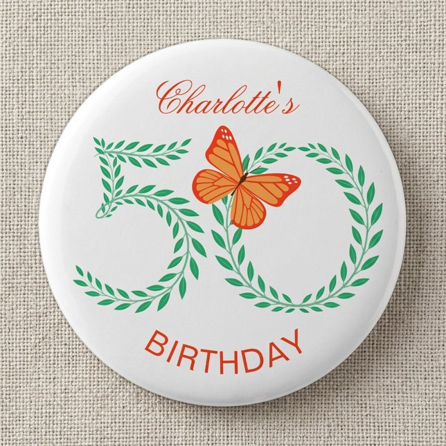 50th Birthday Elegant Greenery Botanical Butterfly Button (Creator Uploaded)