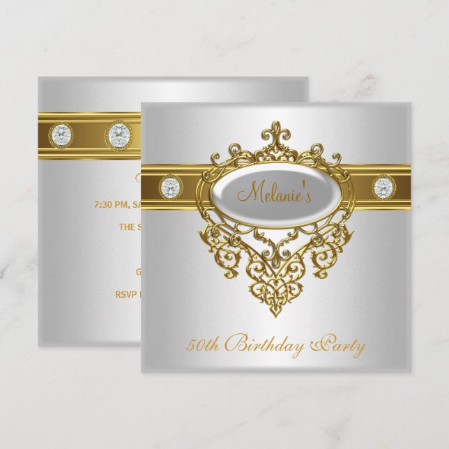 50th Birthday Elegant Lace White Gold Diamond 3 Invitation (Front/Back)