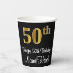 [ Thumbnail: 50th Birthday - Elegant Luxurious Faux Gold Look # Paper Cups ]