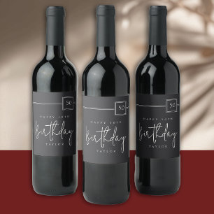 50th Birthday Elegant Minimalist Flat Black Wine Label