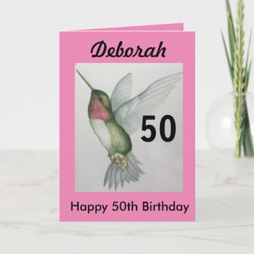 50th Birthday Elegant Pink Hummingbird Watercolor Card