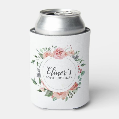 50th Birthday Elegant Pink Rose Floral Can Cooler